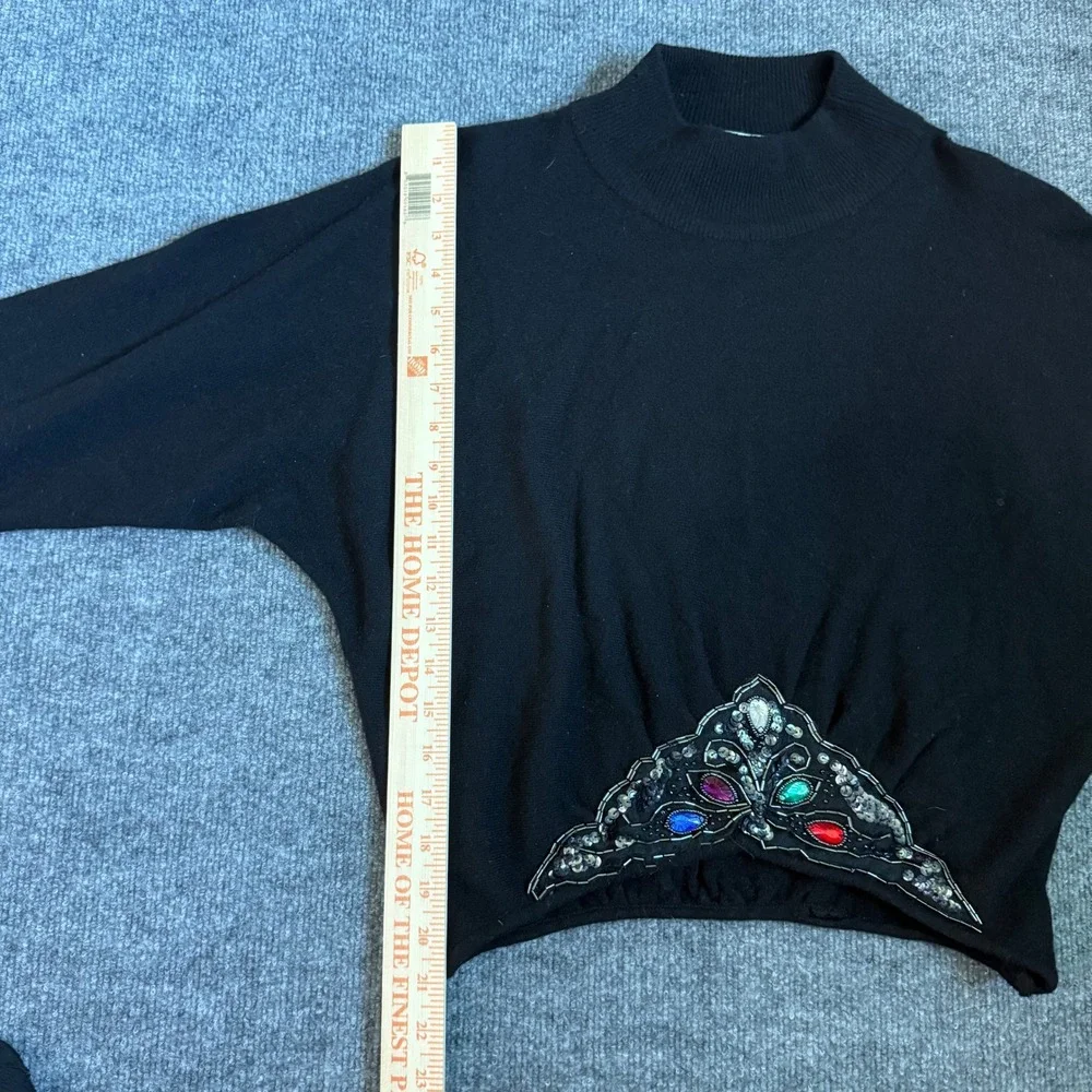 Vintage Le Pull Over Irene Leung Wool Black Mock Neck Beaded Gem Sweater Knit